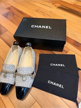 CHANEL Tweed Flats with Black Patent Cap Toe and Gold Chain Charm